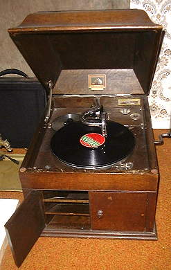 HMV table model phonograph.
